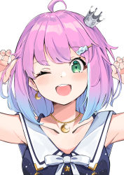 Rule 34 | 1girl, absurdres, ahoge, anbasa (amaneyuz13), arms up, blue dress, blue hair, blush, candy hair ornament, collarbone, commentary, crescent, crescent earrings, crescent necklace, crown, dress, earrings, food-themed hair ornament, gradient hair, green eyes, hair ornament, hairclip, highres, himemori luna, himemori luna (sundress), holding, holding own hair, hololive, jewelry, light blue hair, looking at viewer, mini crown, multicolored hair, necklace, official alternate costume, one eye closed, open mouth, pink hair, portrait, ribbon, sailor collar, short hair, simple background, sleeveless, sleeveless dress, smile, solo, starry sky print, two-tone hair, virtual youtuber, white background, white ribbon