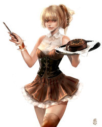 Rule 34 | 1girl, :q, blonde hair, brown theme, brown thighhighs, cake, corset, dress, food, highres, knife, licking lips, liu shuang fei, original, pastry, simple background, solo, thighhighs, tongue, tongue out, white background