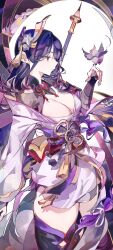 Rule 34 | 1girl, absurdres, bird, black thighhighs, breasts, cleavage, cocoballking, commentary request, cowboy shot, genshin impact, hair ornament, hand up, highres, japanese clothes, kimono, large breasts, long hair, long sleeves, off shoulder, purple eyes, purple hair, purple kimono, raiden shogun, solo, standing, thighhighs, thighs, very long hair