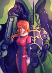 Rule 34 | 1girl, arms at sides, blue eyes, breasts, closed mouth, commentary, gloves, gundam, gundam unicorn, long hair, looking at viewer, marida cruz, mecha, orange hair, pilot suit, robot, standing