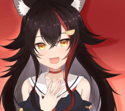 Rule 34 | 1girl, animal ear fluff, animal ears, bare shoulders, black hair, black shirt, black sleeves, choker, collarbone, commentary request, detached sleeves, hair between eyes, hair ornament, hairclip, hand on own chest, highres, hololive, long hair, looking at viewer, multicolored hair, ookami mio, ookami mio (1st costume), open mouth, red background, red choker, red hair, sailor collar, shirt, sidelocks, simple background, sleeveless, sleeveless shirt, solo, two-tone hair, umikotatsu, virtual youtuber, wolf ears, wolf girl, yellow eyes