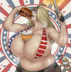 Rule 34 | 1boy, 1girl, ahoge, american flag bikini, american flag print, areola slip, belly, between breasts, bikini, blonde hair, breasts, burger, bursting breasts, camouflage, camouflage pants, cleavage, commentary, cup, disposable cup, eating, english commentary, english text, firing, flag print, food, fourth of july, gigantic breasts, gun, handgun, head back, heavy breathing, huge breasts, krekkov, lips, long hair, mature female, messy, mole, mole under mouth, mother and son, muzzle flash, original, pants, pistol, plump, print bikini, profanity, revolver, shutter shades, skindentation, soda, solo focus, steam, sweat, swimsuit, united states, weapon