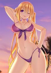Rule 34 | 1girl, :p, arm behind head, arm up, armpits, barefoot, bikini, blonde hair, blush, breasts, cleavage, cloud, cowboy shot, front-tie bikini top, front-tie top, groin, hair between eyes, hand on own hip, large breasts, lieselotte sherlock, long hair, looking at viewer, nao akinari, navel, one eye closed, outdoors, palm tree, purple bikini, purple eyes, purple sky, side-tie bikini bottom, sidelocks, skindentation, sky, smile, solo, stomach, sunset, swimsuit, tongue, tongue out, tree, trinity seven, twintails, underboob, very long hair, wide hips