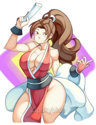 Rule 34 | 1girl, absurdres, bare shoulders, breasts, brown hair, cleavage, fatal fury, hand fan, highres, large breasts, long hair, ninja, pelvic curtain, shiranui mai, sideboob, sleeveless, the king of fighters, wide hips, zipskyblue