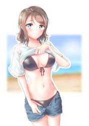 Rule 34 | 1girl, bikini, bikini under clothes, black bikini, blue eyes, blue shorts, blurry, breasts, breasts day, clothes lift, commentary request, cowboy shot, denim, denim shorts, depth of field, front-tie top, grey hair, halterneck, highres, lifting own clothes, looking at viewer, love live!, love live! sunshine!!, medium breasts, open fly, shirt, shirt lift, short hair, shorts, solo, standing, string bikini, swimsuit, toine, watanabe you, white shirt