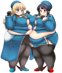 Rule 34 | 10s, 2girls, asymmetrical docking, atago (kancolle), bad anatomy, beret, big belly, black hair, blonde hair, blue eyes, blush, breast press, breast suppress, breasts, bursting belly, bursting breasts, cleavage, fat, fat rolls, frown, full body, garter straps, hat, high heels, kantai collection, kurokaze no sora, large breasts, long hair, long sleeves, military, military uniform, multiple girls, obese, pantyhose, pelvic curtain, red eyes, sad, short hair, showgirl skirt, skirt, smile, takao (kancolle), thick arms, thighhighs, undersized clothes, uniform, very long hair