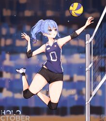 Rule 34 | 1girl, absurdres, ball, black shorts, blue eyes, blue hair, blue nails, blurry, blurry background, highres, hololive, hoshimachi suisei, jersey, jumping, knee pads, light particles, ma draws, parted lips, playing sports, ponytail, short shorts, shorts, solo, sportswear, star (symbol), star in eye, symbol in eye, thighs, virtual youtuber, volleyball, volleyball (object), volleyball net, volleyball uniform
