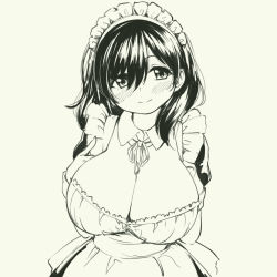 Rule 34 | 1girl, apron, blush, breasts, cleavage, detached collar, greyscale, huge breasts, long hair, maid, maid apron, maid headdress, marker (medium), monochrome, original, pas (paxiti), sketch, solo, traditional media
