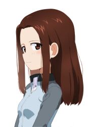 Rule 34 | 1girl, alternate hairstyle, blue jacket, brown eyes, brown hair, closed mouth, commentary, dress shirt, frown, girls und panzer, hair down, highres, jacket, kayabakoro, keizoku military uniform, long hair, long sleeves, looking at viewer, military uniform, partially unzipped, raglan sleeves, shirt, simple background, solo, tami (girls und panzer), track jacket, uniform, white background, white shirt