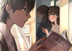 Rule 34 | 1boy, 2girls, absurdres, blush, brown eyes, brown hair, day, earrings, closed eyes, glasses, highres, holding, holding phone, indoors, jewelry, light switch, long hair, looking at another, macaronk, magazine (object), multiple girls, original, phone, reading