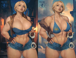 Rule 34 | 1girl, abs, alley, biceps, bikini, bikini under clothes, blue eyes, breasts, cuffs, denim, denim shorts, final fight, final fight tough, fingerless gloves, gloves, handcuffs, highres, huge breasts, ickpot, large breasts, lucia morgan, micro shorts, muscular, muscular female, navel, off shoulder, official art, open fly, parted lips, shorts, stomach, swimsuit, thighs, thong bikini, udon entertainment, variant set, vest