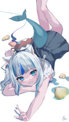 Rule 34 | 1girl, absurdres, animal ears, bag, blue eyes, blue hair, casual, cat ears, commentary, dress, esu 3101, fins, fish tail, gawr gura, gawr gura (casual), highres, hololive, hololive english, medium hair, official alternate costume, seashell, shark tail, shell, shirt, short sleeves, shoulder bag, side ponytail, solo, tail, virtual youtuber, white hair, white shirt