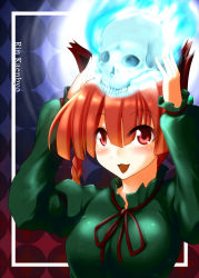 Rule 34 | 1girl, akudato, animal ears, blush, braid, cat ears, cat girl, character name, female focus, highres, kaenbyou rin, long hair, long sleeves, open mouth, puffy sleeves, red eyes, red hair, skull, solo, touhou, twin braids