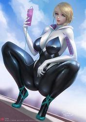 Rule 34 | 1girl, artist name, ballet slippers, black bodysuit, blonde hair, blue eyes, bodysuit, breasts, cloud, cloudy sky, earbuds, earphones, female focus, full body, gwen stacy, hood, hood down, hooded bodysuit, large breasts, latex, latex bodysuit, lips, looking at viewer, marvel, nose, open mouth, outdoors, patreon logo, patreon username, patterned clothing, phone, reflection, reflective clothes, sade abyss, shiny clothes, signature, sky, solo, spider-gwen, spider-man (series), spread legs, squatting, teeth, two-tone bodysuit, watermark, web address, white bodysuit