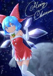 Rule 34 | 1girl, absurdres, alternate costume, artist name, bare shoulders, blue background, blue eyes, blue hair, blush, bow, bowtie, christmas, cirno, clenched hand, collarbone, detached collar, dress, dutch angle, elbow gloves, english text, female focus, flat chest, fur-trimmed dress, fur collar, fur trim, gloves, green bow, green bowtie, hair ribbon, hand up, highres, ice, ice wings, katsura dendou, knees together feet apart, light blush, looking to the side, matching hair/eyes, merry christmas, neck bell, open mouth, pom pom (clothes), red dress, red ribbon, ribbon, shiny skin, short hair, sidelocks, signature, skindentation, snowflake print, solo, space, standing, star (sky), strapless, strapless dress, thighhighs, touhou, twitter username, white gloves, white thighhighs, wings, zettai ryouiki