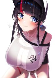 Rule 34 | 1girl, absurdres, bare shoulders, baseball cap, between legs, bikini, black bikini, black hair, blue eyes, blurry, blush, breasts, cleavage, closed mouth, collarbone, depth of field, fate/grand order, fate (series), from above, hand between legs, hat, highres, huge breasts, lee-taro, looking to the side, multicolored hair, off shoulder, see-through, shirt, sidelocks, signature, simple background, sitting, smile, solo, streaked hair, swimsuit, thigh strap, utsumi erice, utsumi erice (swimsuit avenger), v arms, white background, white shirt