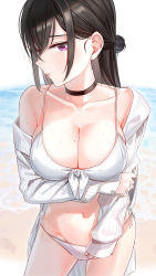 Rule 34 | 1girl, bare shoulders, beach, bikini, black hair, blush, breasts, choker, cleavage, collarbone, day, front-tie bikini top, front-tie top, groin, highres, kfr, large breasts, long hair, looking at viewer, mole, mole on breast, navel, original, outdoors, purple eyes, side-tie bikini bottom, solo, stomach, swimsuit, thighs, wet, white bikini