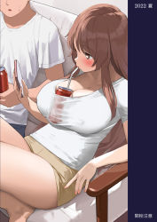 Rule 34 | 1boy, 1girl, barefoot, between breasts, blush, breasts, brown eyes, brown hair, bubble tea challenge, can, cellphone, cleavage, convenient breasts, covered erect nipples, drinking, drinking straw, faceless, faceless male, holding, holding can, holding phone, kaisen chuui, large breasts, long hair, looking at screen, nail polish, original, phone, pink nails, shirt, short hair, short sleeves, shorts, sitting, skirt, smartphone, t-shirt, thighs, white shirt, yellow skirt