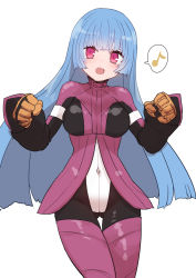 Rule 34 | 1girl, :d, blue hair, bodysuit, covered navel, fang, gloves, gluteal fold, hands up, highres, kula diamond, legs together, long hair, looking at viewer, musical note, open mouth, pink eyes, simple background, smile, solo, spoken musical note, standing, sumiyao (amam), the king of fighters, thigh gap, white background, yellow gloves