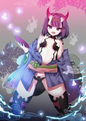 Rule 34 | 1girl, bad id, bad pixiv id, bare shoulders, blush, breasts, collarbone, fate/grand order, fate (series), harin 0, horns, looking at viewer, open mouth, purple eyes, purple hair, short hair, shuten douji (fate), small breasts, smile, solo