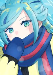 Rule 34 | 1boy, blue mittens, blue scarf, blush, commentary request, creatures (company), eyelashes, game freak, green eyes, grusha (pokemon), hand up, highres, jacket, karyu hana, long hair, long sleeves, looking at viewer, male focus, mittens, nintendo, pokemon, pokemon sv, scarf, solo, striped clothes, striped scarf, upper body, yellow jacket