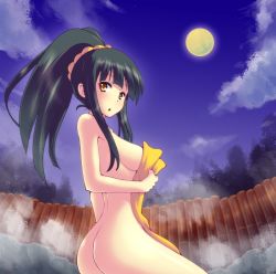 Rule 34 | 1girl, alternate hairstyle, arcana heart, armpits, ass, black hair, breasts, brown eyes, full moon, hair ornament, kasabou, kasuga maori, long hair, looking at viewer, looking back, moon, night, nude, onsen, open mouth, ponytail, sitting, solo, steam, tongue, towel