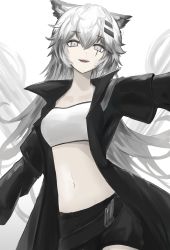 Rule 34 | 1girl, :d, absurdres, animal ears, arknights, bandeau, breasts, commentary, grey background, grey eyes, hair between eyes, highres, lappland (arknights), long hair, long sleeves, looking at viewer, medium breasts, midriff, navel, open mouth, revision, silver hair, simple background, smile, solo, stomach, strapless, tube top, upper body, uryu (uryu0329), very long hair, wolf ears