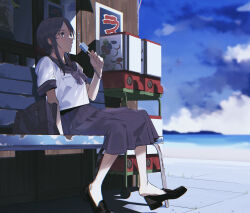 Rule 34 | 1girl, arm support, bag, bench, black footwear, blue bow, blue bowtie, blue sailor collar, blue skirt, blurry, blurry background, bow, bowtie, bracelet, brown hair, chromatic aberration, commentary, day, food, gashapon, grey eyes, highres, holding food, holding popsicle, igawa hikaru, jewelry, light particles, long hair, ocean, original, outdoors, parted lips, pleated skirt, popsicle, sailor collar, school bag, school uniform, scrunchie, serafuku, shirt, short sleeves, sidelocks, sitting, skirt, sky, solo, summer, uniform, white shirt
