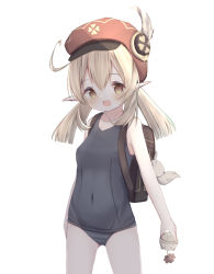 Rule 34 | 1girl, :d, ahoge, backpack, bad id, bad pixiv id, bag, bare arms, bare shoulders, blonde hair, blush, breasts, brown eyes, cabbie hat, child, collarbone, commentary request, covered navel, feathers, genshin impact, gluteal fold, hair between eyes, hat, hat feather, highres, holding, klee (genshin impact), long hair, looking at viewer, low twintails, old school swimsuit, open mouth, pointy ears, red hat, risu (ritharte), school swimsuit, simple background, small breasts, smile, solo, standing, swimsuit, twintails, white background, white feathers
