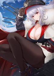 Rule 34 | 1girl, azur lane, black footwear, blue sky, blush, breasts, brown gloves, buttons, cape, cleavage, closed mouth, cloud, cloudy sky, commentary request, fur collar, gloves, graf zeppelin (azur lane), hand on headwear, hat, high heels, highres, large breasts, long hair, long sleeves, looking at viewer, military hat, outdoors, pantyhose, peaked cap, pink eyes, sg (satoumogumogu), silver hair, skirt, sky, solo
