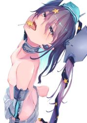 Rule 34 | 1girl, alakoala, aqua hat, ass, black ribbon, breasts, candy, chain, cowboy shot, food, garrison cap, gloves, gradient hair, grey eyes, grey hair, hair between eyes, hair ornament, hair ribbon, hat, highres, kantai collection, lollipop, long hair, looking at viewer, multicolored hair, nipples, ribbon, scamp (kancolle), shorts, side ponytail, simple background, small breasts, solo, star (symbol), star hair ornament, swimsuit, tongue, tongue out, topless, upper body, white background, white gloves, white shorts