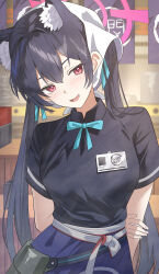 Rule 34 | 1girl, absurdres, animal ears, black hair, blue archive, bow, bowtie, cat ears, highres, indoors, open mouth, pink eyes, serika (blue archive), short sleeves, smile, solo, standing, sysen, twintails