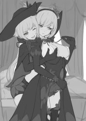Rule 34 | 2girls, :&lt;, ;d, absurdres, age difference, assisted exposure, bed, bed curtain, bell orgel, black gloves, black hairband, black headwear, black panties, blonde hair, blush, breasts, cape, commentary, dhampir, dhampir (monster girl encyclopedia), dress, earrings, elbow gloves, feathers, frown, gloves, grabbing, grabbing another&#039;s breast, grabbing from behind, grey background, hairband, half-human, half-undead, hat feather, highres, incest, jewelry, large breasts, long hair, looking at viewer, looking away, low ponytail, mature female, mixed species, monochrome, monster girl, monster girl encyclopedia, monster girl encyclopedia ii, mother and child, mother and daughter, multiple girls, no bra, one eye closed, open mouth, panties, parent and child, puffy sleeves, red eyes, short hair, short shorts, shorts, simple background, sketch, slit pupils, smile, thighhighs, undead, underwear, undressing, undressing another, vampire, vampire (monster girl encyclopedia), yuri