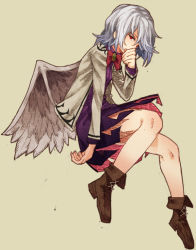 Rule 34 | 1girl, boots, bow, bowtie, brown footwear, dress, feathered wings, grey wings, jacket, jewelry, kishin sagume, long sleeves, looking at viewer, looking to the side, purple dress, purple skirt, red bow, red eyes, red ribbon, ribbon, short hair, simple background, single wing, skirt, suit jacket, touhou, urin, wavy hair, white hair, wings