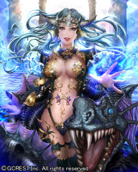 Rule 34 | 1girl, aki zake, aqua hair, blue eyes, breasts, dragon&#039;s shadow, horns, jewelry, lips, long hair, looking at viewer, lots of jewelry, monster, navel, open mouth, outstretched hand, sharp teeth, solo, teeth