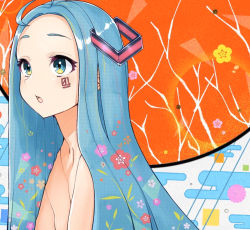 Rule 34 | 1girl, ahoge, alternate hairstyle, cherry blossoms, commentary, egasumi, facial tattoo, floral print, flower, forehead, from side, hair ornament, hatsune miku, koba cha, leaf, long hair, looking away, nude, open mouth, solo, straight hair, tattoo, branch, upper body, very long hair, vocaloid