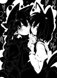 Rule 34 | 2girls, animal ears, braid, cat ears, cat tail, chen, closed mouth, dress, earrings, extra ears, hat, holding hands, interlocked fingers, jewelry, juliet sleeves, kaenbyou rin, long hair, long sleeves, looking at viewer, mizuga, monochrome, multiple girls, multiple tails, nekomata, no headwear, pointy ears, puffy sleeves, sideways glance, tail, touhou, twin braids, two tails, very long hair, wavy mouth, yuri