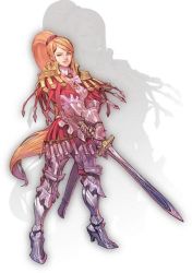 Rule 34 | 1girl, armor, blonde hair, faulds, gauntlets, graveyard, high heels, jpeg artifacts, long hair, official art, phiona, ponytail, shoes, solo, sword, valkyrie profile: covenant of the plume, valkyrie profile (series), very long hair, warrior, weapon, zoom layer
