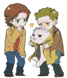 Rule 34 | !?, 10s, 33k21, 3boys, animalization, animification, bad id, bad pixiv id, blonde hair, brown hair, carrying, castiel, coat, dean winchester, green eyes, jacket, male focus, multiple boys, necktie, sam winchester, seal (animal), simple background, standing, supernatural (tv series), white background