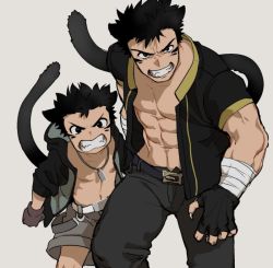 Rule 34 | 2boys, angry, animal ears, bare pectorals, black gloves, black hair, brothers, cat boy, cat ears, cat tail, clenched hand, clenched teeth, dog tags, fingerless gloves, fingernails, gloves, grey background, jewelry, male focus, multiple boys, necklace, original, pectorals, sagami jon, sharp fingernails, short hair, shorts, siblings, simple background, tail, teeth