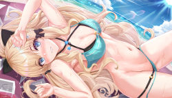 Rule 34 | 1girl, absurdres, aqua bikini, arm up, armpits, bare arms, bare shoulders, beach, beach towel, bikini, bikini pull, black bikini, black bow, blonde hair, blue eyes, blue sky, blush, bow, breasts, cleavage, clothes pull, criss-cross halter, day, flower, from side, hair bow, hair flower, hair ornament, halterneck, hand on own head, highres, knee up, kuutamo, layered bikini, lens flare, long hair, looking at viewer, looking to the side, medium breasts, mixed-language commentary, navel, nose blush, o-ring, o-ring bikini, ocean, outdoors, parted lips, ponytail, princess connect!, saren (princess connect!), saren (summer) (princess connect!), sidelocks, sky, smile, solo, stomach, sunlight, swimsuit, towel, very long hair, water, wet, white flower