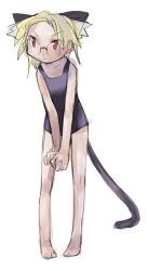 Rule 34 | 1girl, animal ears, blonde hair, cat ears, cat tail, e=mc2 (mosimosi), full body, glasses, one-piece swimsuit, original, red eyes, school swimsuit, simple background, solo, standing, swimsuit, tail, white background