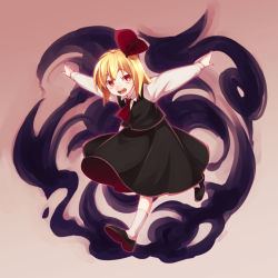Rule 34 | 1girl, :d, ascot, black footwear, black skirt, black vest, blonde hair, collared shirt, darkness, eyebrows, full body, gradient background, hair between eyes, hair ribbon, highres, long sleeves, open mouth, outstretched arms, red ascot, red eyes, red ribbon, ribbon, rumia, shikido (khf), shirt, shoes, short hair, skirt, skirt set, smile, socks, solo, teeth, tongue, touhou, vest, white footwear, white shirt