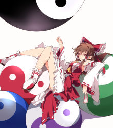 Rule 34 | 1girl, armpits, ascot, bare shoulders, boots, bow, breasts, brown hair, closed mouth, collared shirt, commentary request, detached sleeves, frills, hair between eyes, hair ornament, hair tubes, hakurei reimu, hand up, highres, ichimura kanata, long hair, long sleeves, looking at viewer, lying, medium breasts, ofuda, on back, orange ascot, orb, red bow, red eyes, red shirt, red skirt, shirt, simple background, skirt, solo, touhou, white background, white footwear, wide sleeves, yin yang, yin yang orb