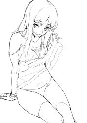 Rule 34 | 1girl, babydoll, breasts, collarbone, greyscale, lifted by self, long hair, looking at viewer, monochrome, original, over-kneehighs, panties, parted bangs, parted lips, ryuji (ikeriu), simple background, sitting, sketch, small breasts, smile, solo, thighhighs, underwear