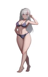 Rule 34 | 1girl, absurdres, bare shoulders, barefoot, bikini, blue eyes, blunt bangs, breasts, cero (last2stage), cleavage, commission, curvy, full body, girls&#039; frontline, grey hair, grin, hand on own hip, heterochromia, highres, large breasts, long hair, looking at viewer, mdr (girls&#039; frontline), medium breasts, multicolored hair, navel, pink hair, red eyes, side ponytail, simple background, smile, solo, streaked hair, swimsuit, tiptoes, v, white background, wide hips