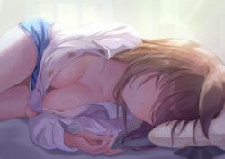 Rule 34 | 1girl, absurdres, admire vega (umamusume), alternate costume, animal ears, bed, blue shorts, blurry, blurry background, breasts, brown hair, cleavage, closed eyes, closed mouth, collared shirt, highres, horse ears, long hair, long sleeves, lying, on bed, on side, partially unbuttoned, pillow, shirt, short shorts, shorts, sleeping, small breasts, solo, umamusume, white shirt, yonemochi yume