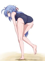 Rule 34 | 10s, 1girl, ahoge, ass, barefoot, bent over, blue eyes, blue hair, commentary request, feet, from behind, full body, hand on own knee, highres, legs, long hair, looking back, low ponytail, one-piece swimsuit, rokudenashi majutsu koushi to akashic record, ryiel rayford, sand, school swimsuit, simple background, sincos, solo, standing, standing on one leg, swimsuit, very long hair, white background