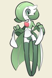 Rule 34 | 1girl, beige background, clothes lift, creatures (company), dress, dress lift, female focus, full body, game freak, gardevoir, gen 3 pokemon, green eyes, green hair, green panties, green thighhighs, hair over one eye, hands up, highres, itsunknownanon, lifting own clothes, looking down, nintendo, panties, pokemon, pokemon (creature), pokemon rse, short hair, simple background, smile, solo, standing, thigh gap, thighhighs, underwear