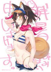 Rule 34 | 1girl, animal ear fluff, animal ears, bikini, blue archive, blush, breasts, brown hair, cleavage, clothes pull, extra ears, fox ears, fox girl, fox tail, halo, highres, izuna (blue archive), izuna (swimsuit) (blue archive), looking at viewer, medium breasts, navel, parted lips, red scarf, scarf, short hair, shorts, shorts pull, solo, stomach, string bikini, striped bikini, striped clothes, super zombie, sweat, swimsuit, tail, translation request, upper body, visor cap, yellow eyes